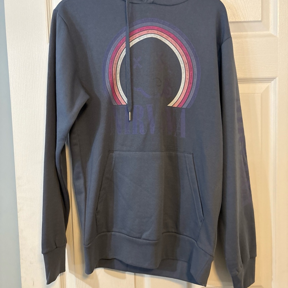 Gray Hoodie with Nirvana with Smiley Face/Rainbow Design